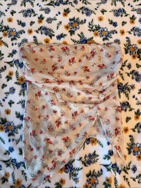 Floral Tube Top in Cream with Red Rose Print
